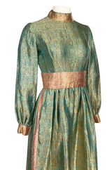 1960s George Halley Gold Metallic Blue-Green & Dusty Pink Lame Dress