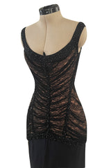 Original Fall 1997 Herve Leger Couture Lace & Bead Bandage Fitted Black Dress w Wide Straps