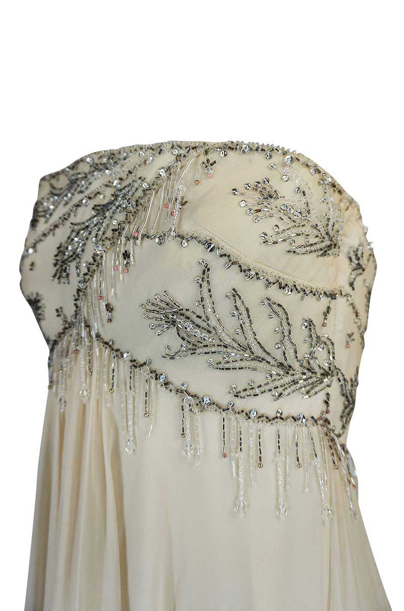 1970s Bob Mackie Beaded Strapless Ivory Silk Chiffon Dress