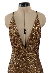 Fall 2002 Valentino Plunged Silk Net Chiffon Dress Completely Covered in Copper Sequins