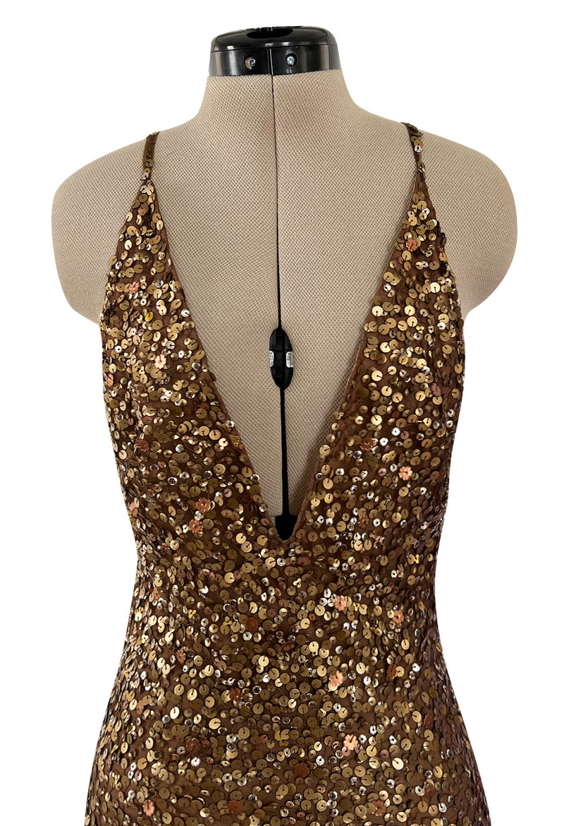 Fall 2002 Valentino Plunged Silk Net Chiffon Dress Completely Covered in Copper Sequins