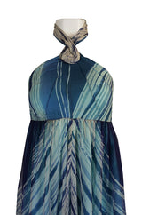 1974 Thea Porter Couture Documented 'Wave' Print Silk Chiffon Backless Dress