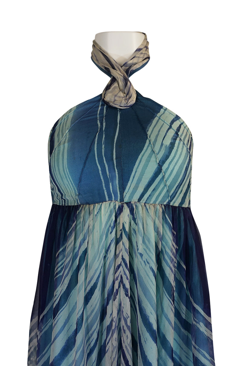 1974 Thea Porter Couture Documented 'Wave' Print Silk Chiffon Backless Dress