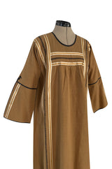 1960s Josefa Hand Embroidered w Brown Ribbon Detailing & Bird Motif Caftan Dress