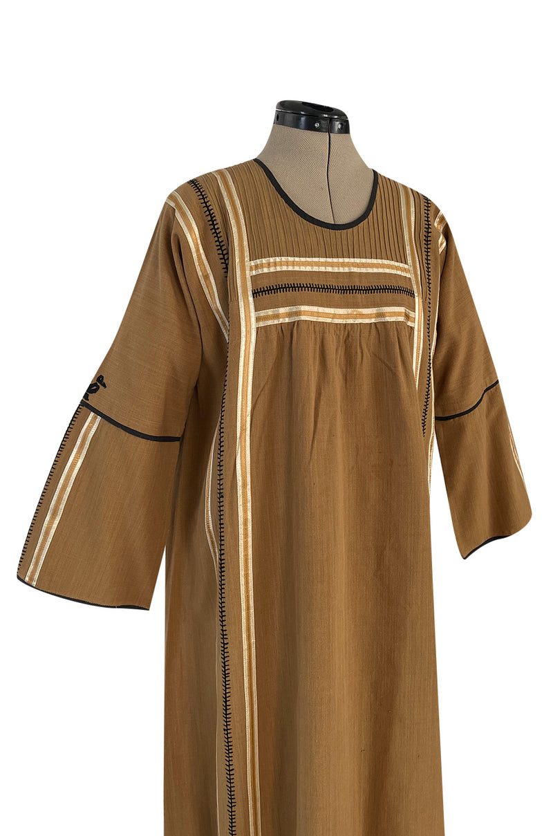 1960s Josefa Hand Embroidered w Brown Ribbon Detailing & Bird Motif Caftan Dress