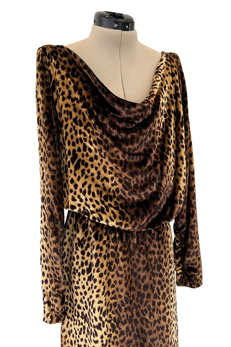 Important Spring 1993 Yves Saint Laurent Runway Draped Neckline Panne Velvet Leopard Print Dress