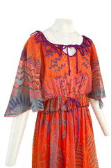 1974 Zandra Rhodes 'Ayers Rock' Australian Collection Hand Painted Coral Silk Chiffon Dress