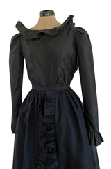 1972 Bill Blass Black Silk Taffeta Dress w Attached Silk Organza Skirt & Open Ruffled Back