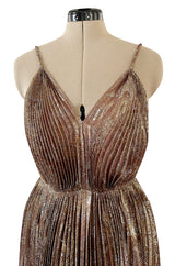 Incredible Spring 1977 Jean Patou by Angelo Tarlazzi Plunging Bronze Silk Lame Metallic Pleat Dress