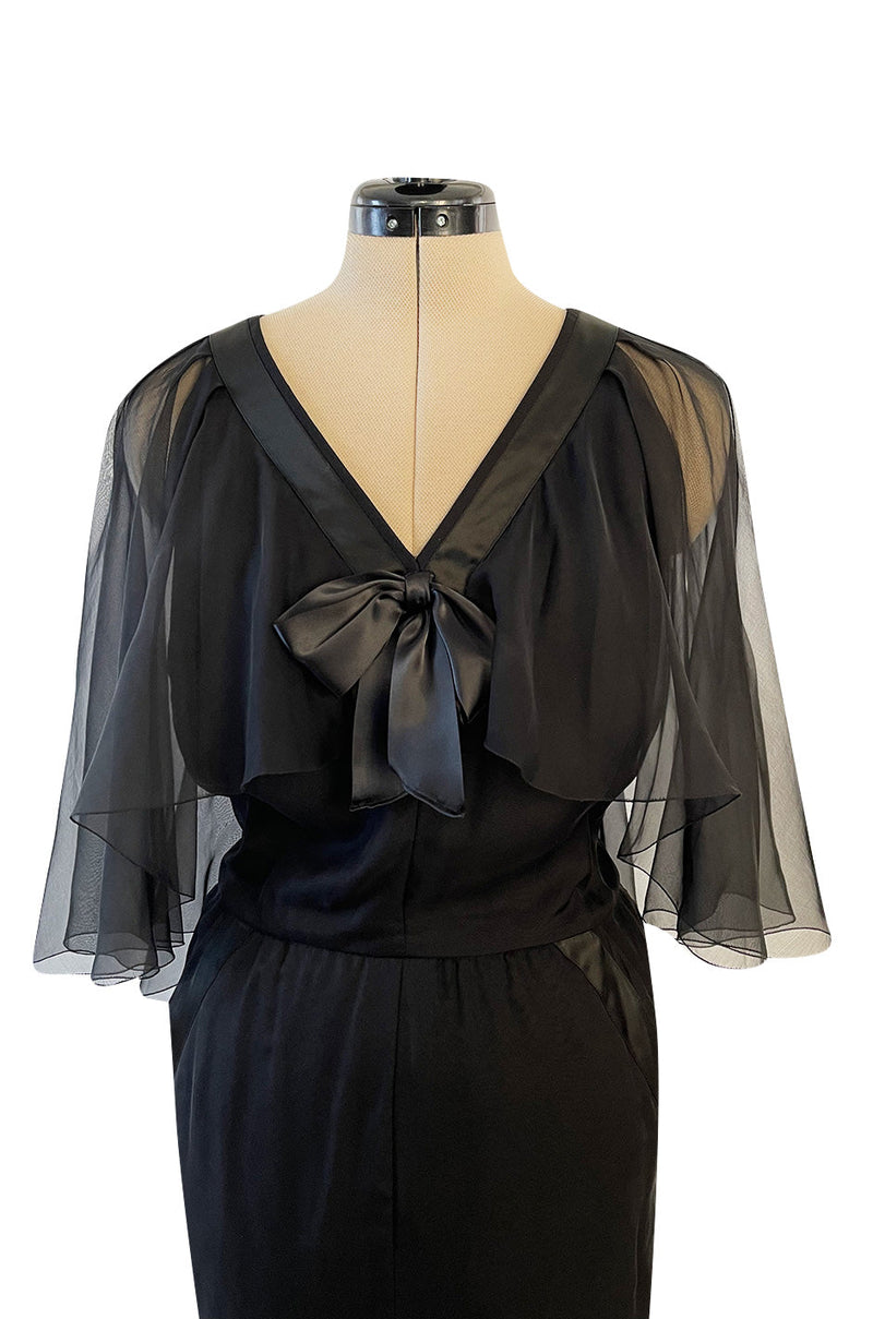 First RTW Collection Fall 1983 Chanel by Karl Lagerfeld Black Caped Bodice Silk Chiffon Dress