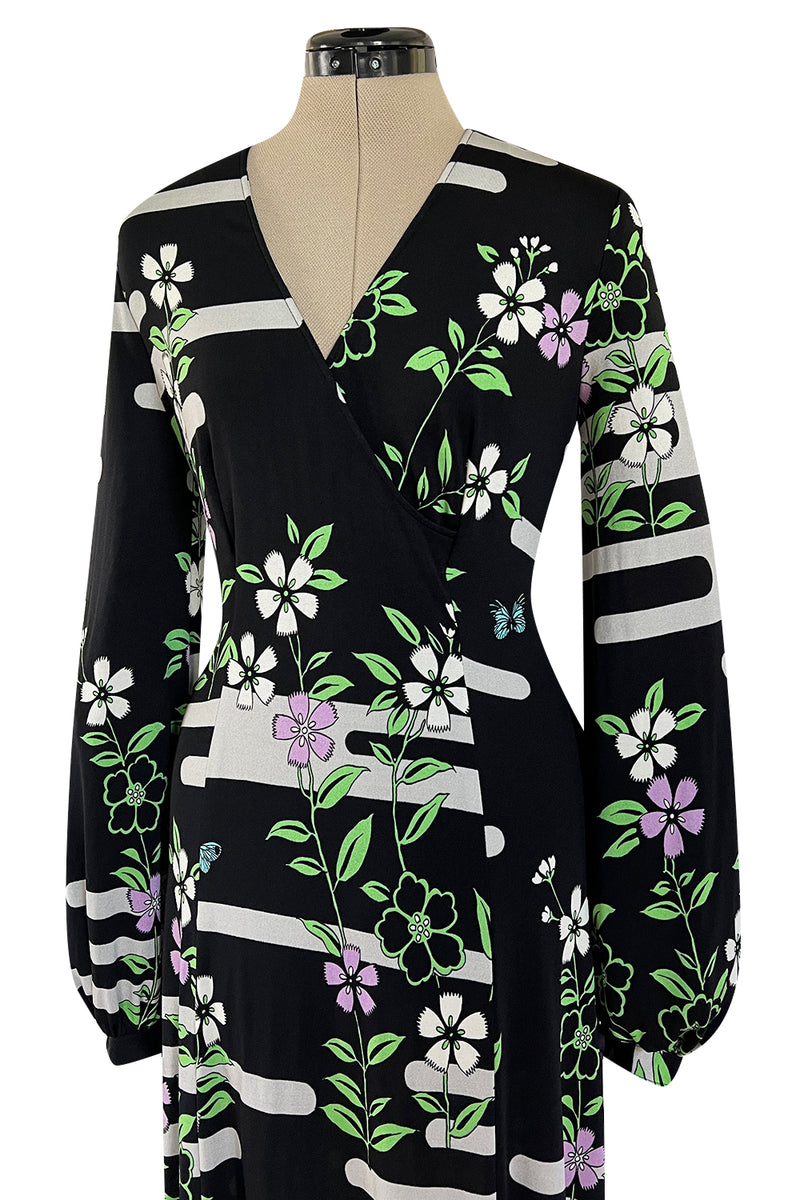 Prettiest 1970s Hanae Mori Printed Black & Green Floral Easy to Wear Jersey Dress