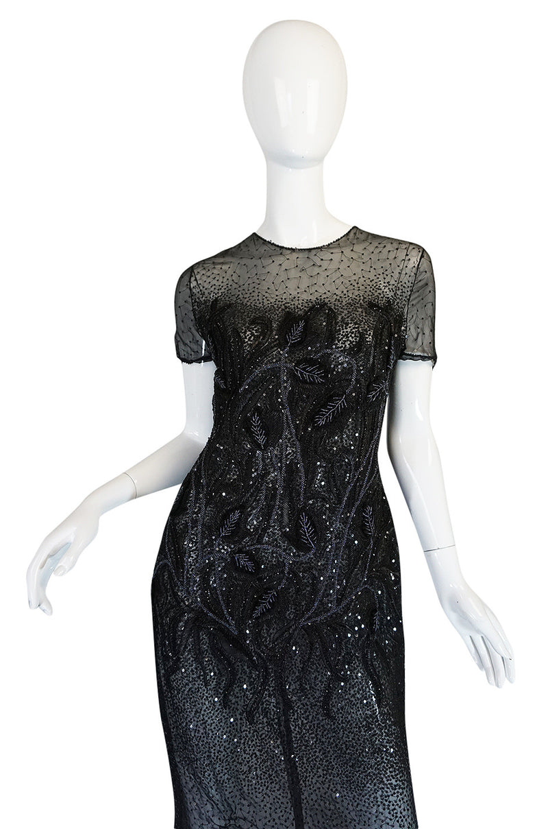 1980s Bill Blass Sequin & Beaded Black Silk Chiffon Dress