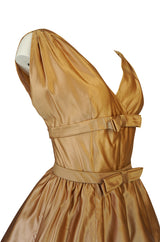 c.1957 Christian Dior Demi-Couture Gold Bow Detailed Silk Dress