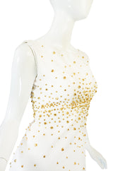 1960s Gold Studded White Cotton Waffle Weave Pique Dress