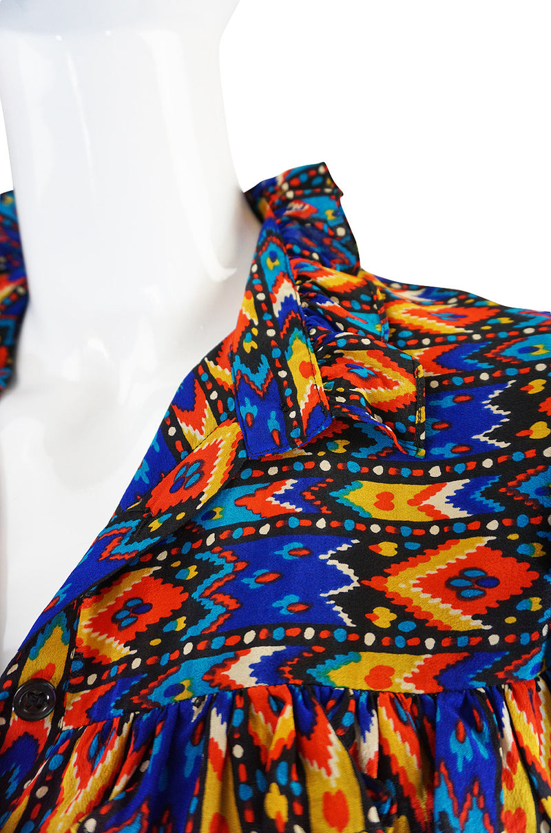 1970s Yves Saint Laurent Ikat Print Silk Skirt & Top