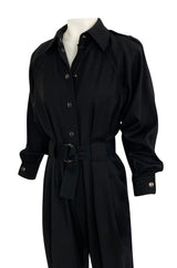1980s Yves Saint Laurent Black Snap Front Flight Jumpsuit w Slip Belt