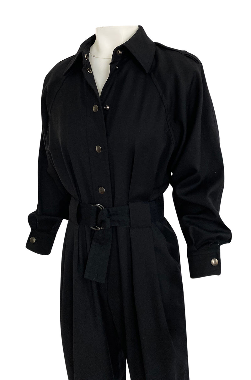 1980s Yves Saint Laurent Black Snap Front Flight Jumpsuit w Slip Belt