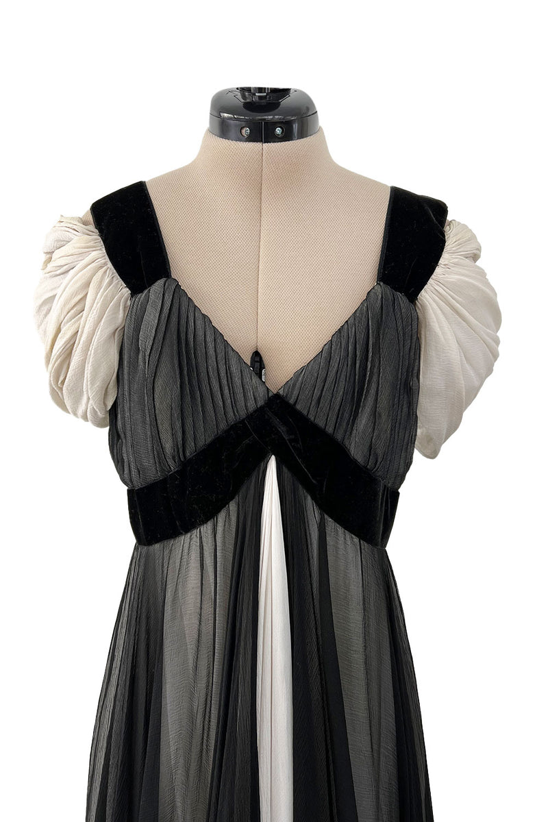 Stunning Spring 1986 Jacqueline de Ribes Black & Ivory Bias Cut Silk Chiffon Dress