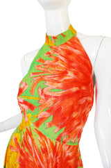 1970s Backless Nylon Jersey Tropical Halter Dress