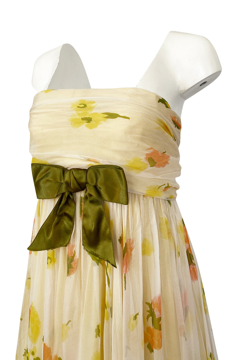 1961 Ferdinando Sarmi Strapless Yellow Floral Print Silk Chiffon Dress w Front Bow Detail