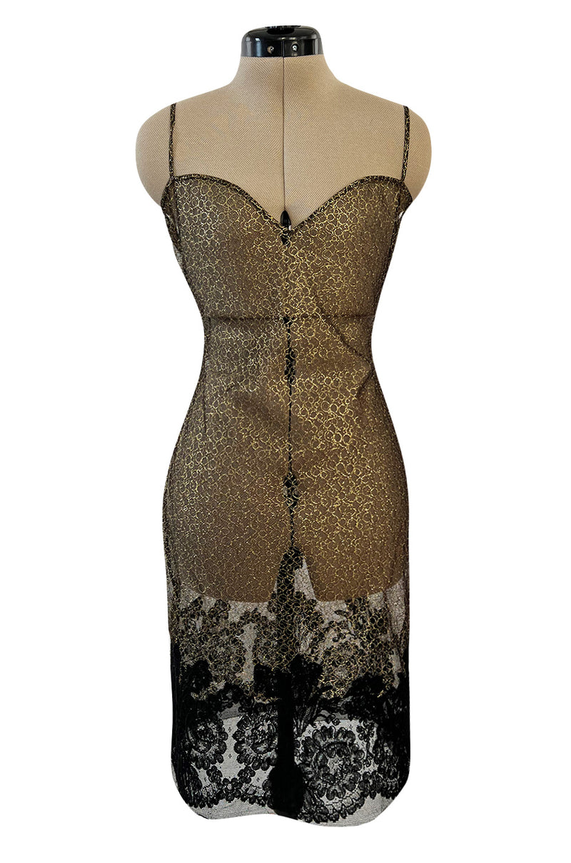 1980s James Galanos Attributed Demi-Couture Black & Metallic Gold Lace Dress Set