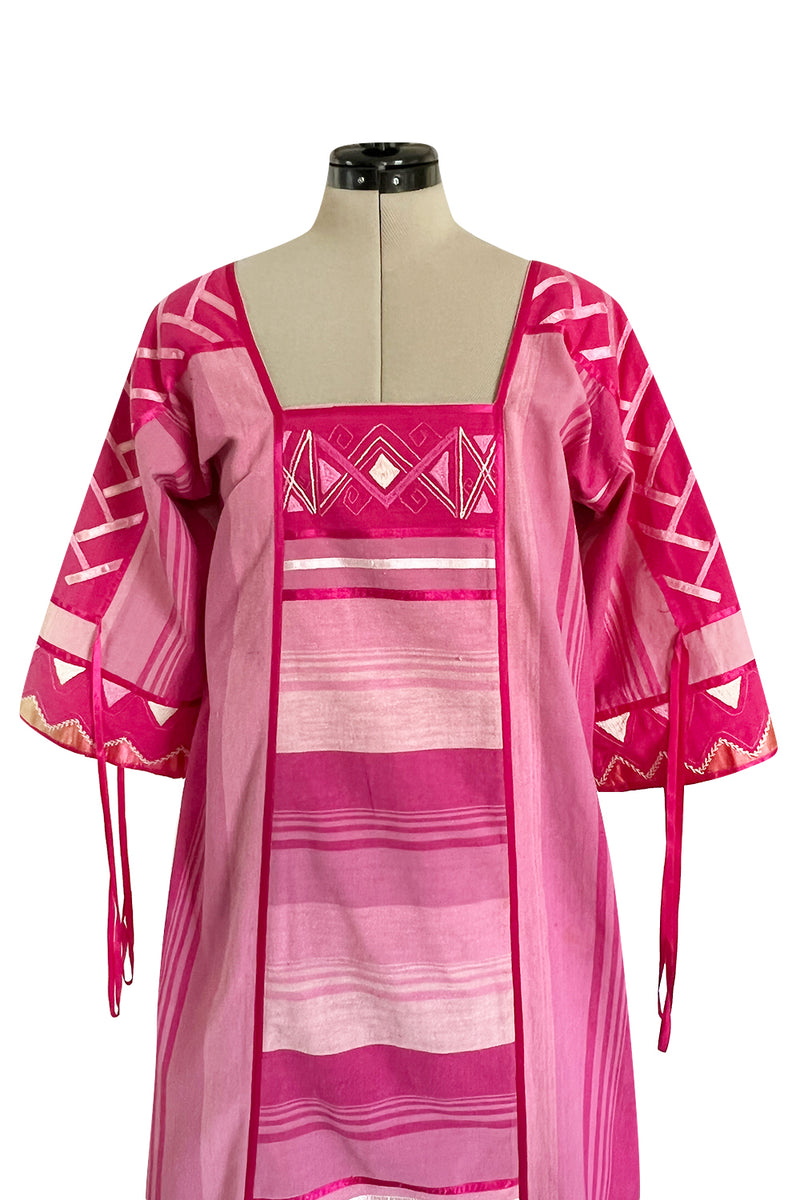 1960s Josefa Hand Made Mexico Pink Caftan Dress w Embroidery & Ribbon Details