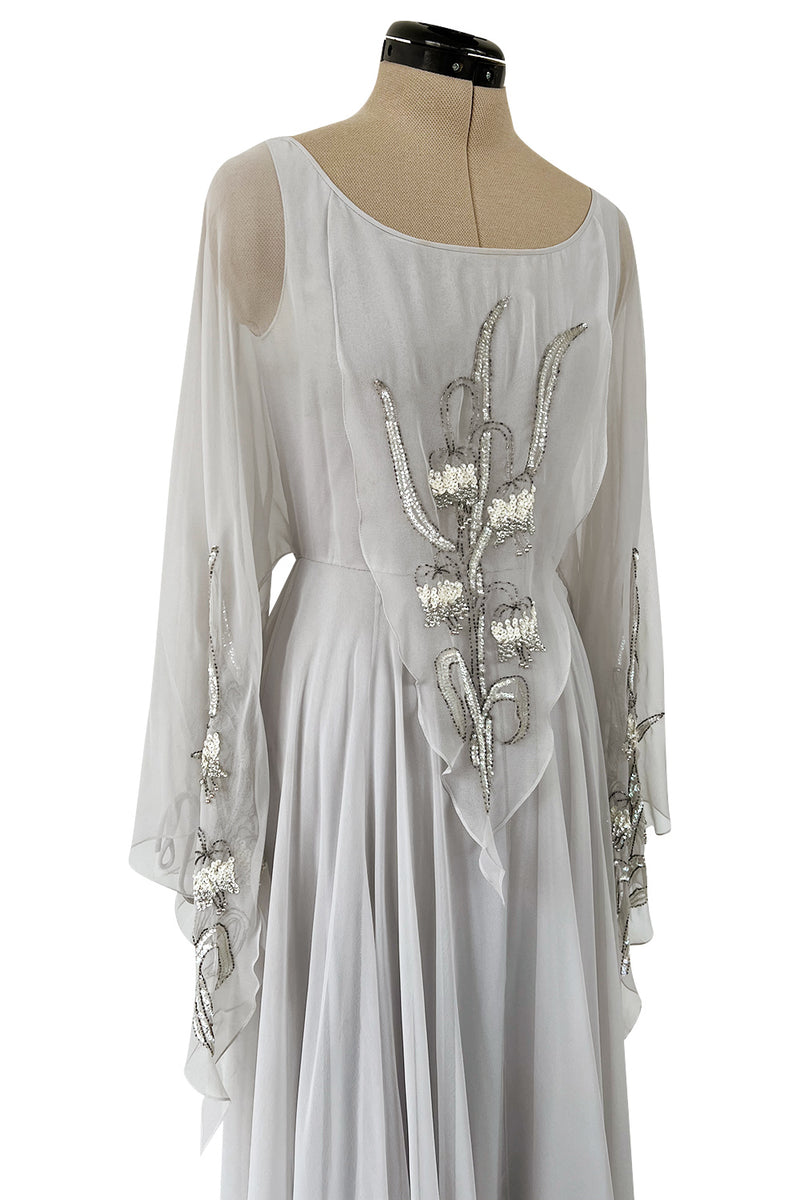 Magical 1970s Jean Varon Palest Silver Grey Chiffon Dress w Amgel Sleeves & Sequins