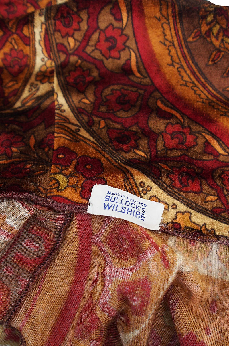 1970s Bullock's Wilshire Panne Velvet Print Dress