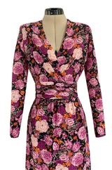 Pristine 1970s Jean-Louis Scherrer Haute Couture Pink Floral Print Silk Dress w Banded Waist