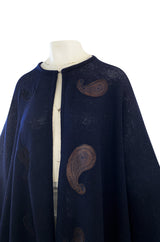 1970s Christian Dior Deep Blue Knit Poncho Cape w Leather Appliqué Work