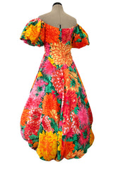 Brilliant Spring 1987 Arnold Scaasi Off Shoulder Silk Twill Floral Dress w Pouf Skirts