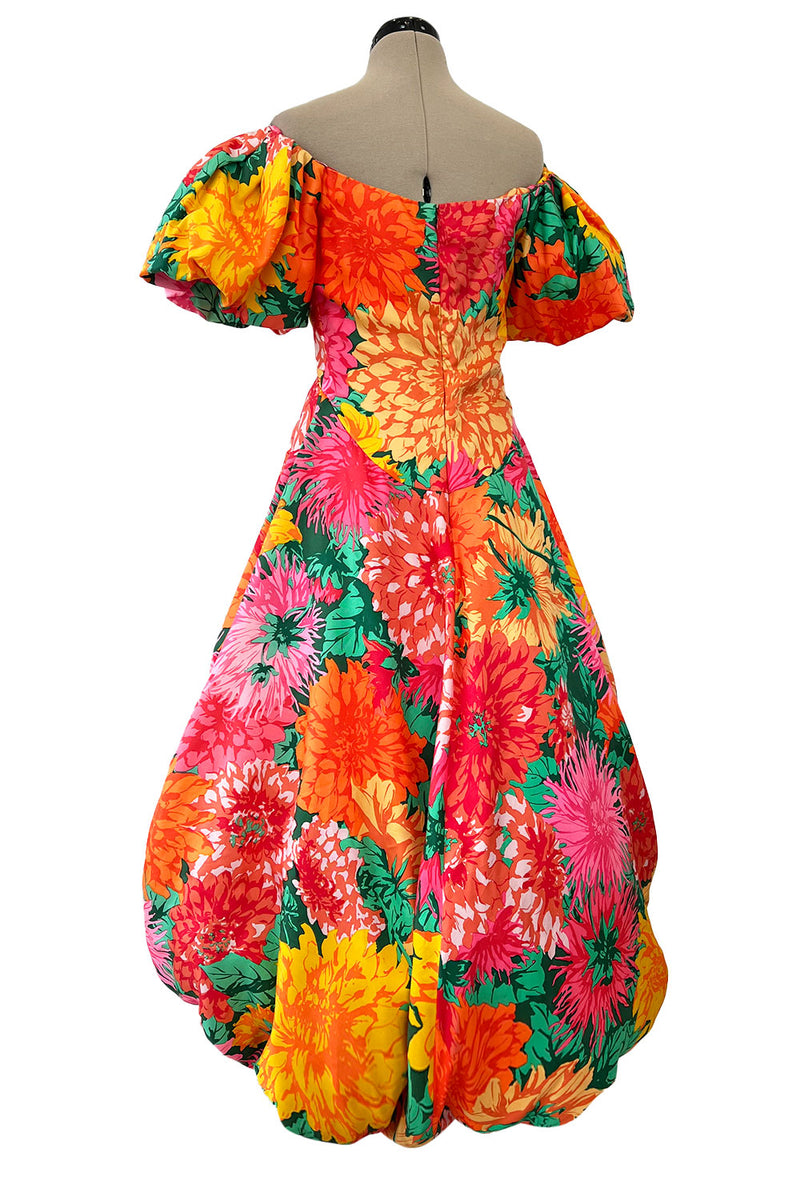 Brilliant Spring 1987 Arnold Scaasi Off Shoulder Silk Twill Floral Dress w Pouf Skirts