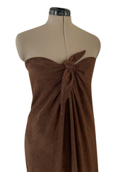 Unusual 1976 Halston Deep Brown Strapless Tie Front Dress in a Soft Terry Cloth