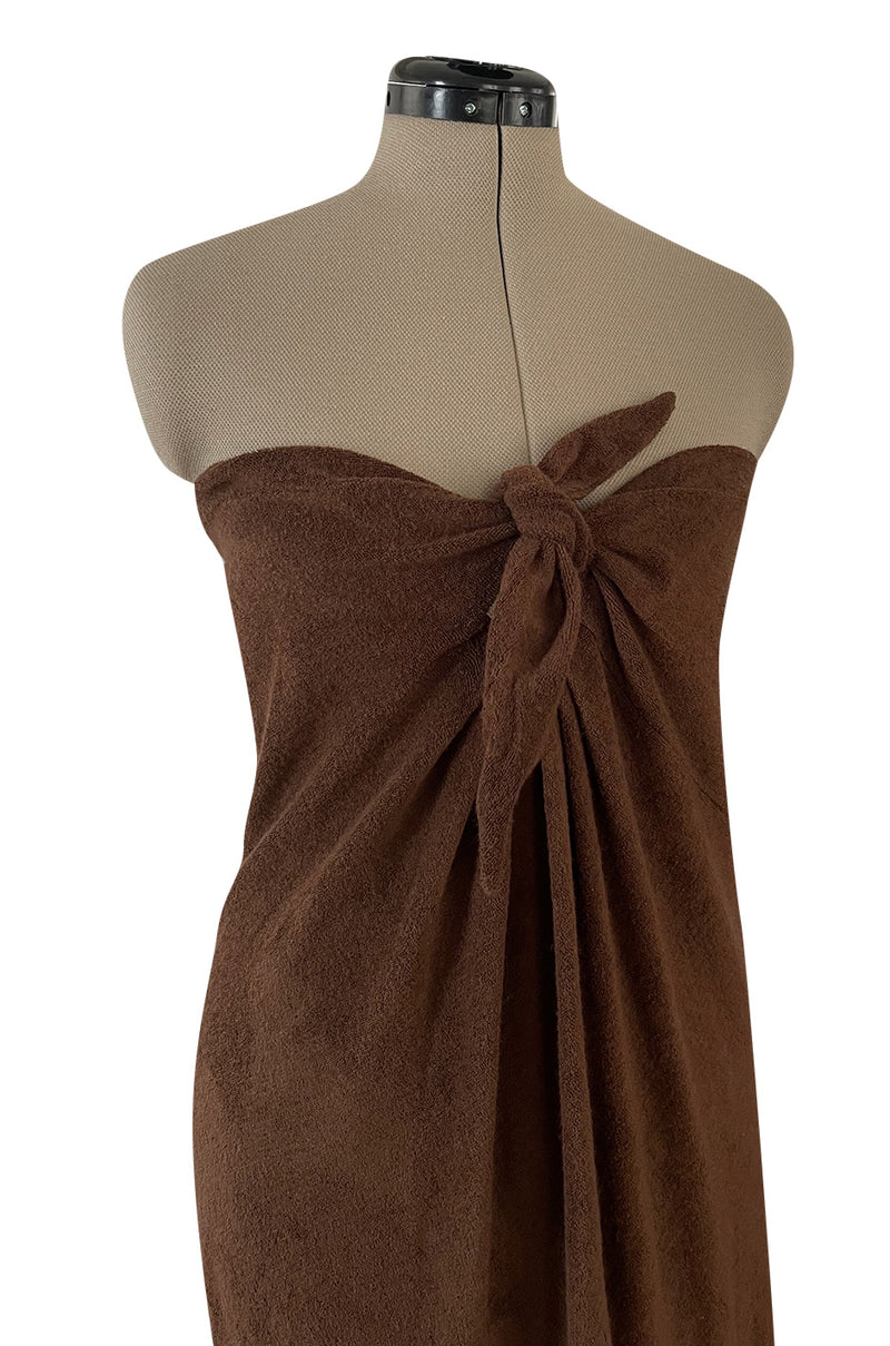 Unusual 1976 Halston Deep Brown Strapless Tie Front Dress in a Soft Terry Cloth