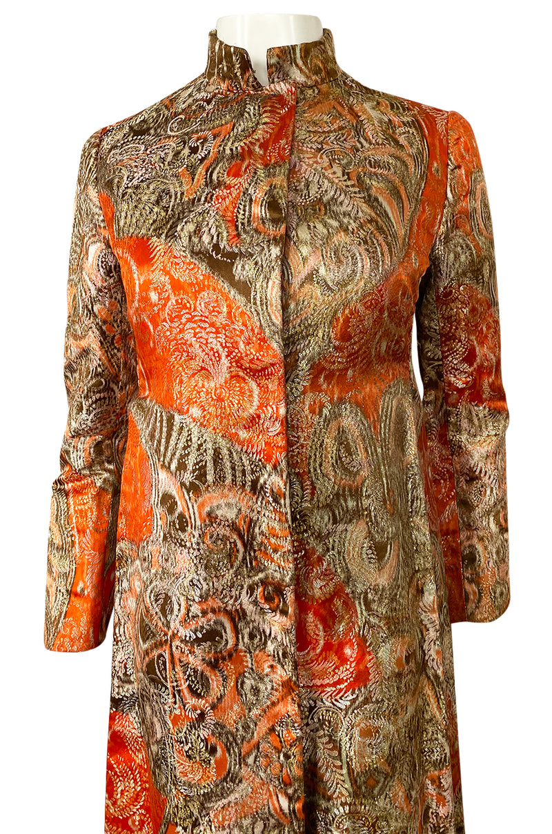 Unusual 1960s Bill Blass Open Panel Gold & Coral Metallic Coat