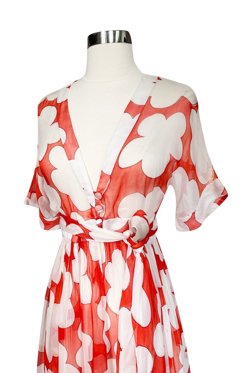 c. 1978 Yves Saint Laurent Large Floral Print Coral Plunge Silk Chiffon Dress