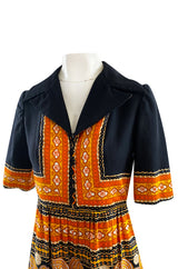 Late 1960s Oscar de la Renta Printed Orange & Black Jumpsuit w Extra Wide Side Slit Legs
