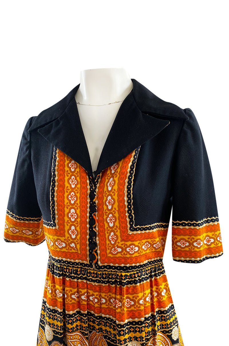 Late 1960s Oscar de la Renta Printed Orange & Black Jumpsuit w Extra Wide Side Slit Legs