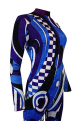 Rare 1970s Emilio Pucci Blue Print Velvet Stretch Catsuit w Stirrups