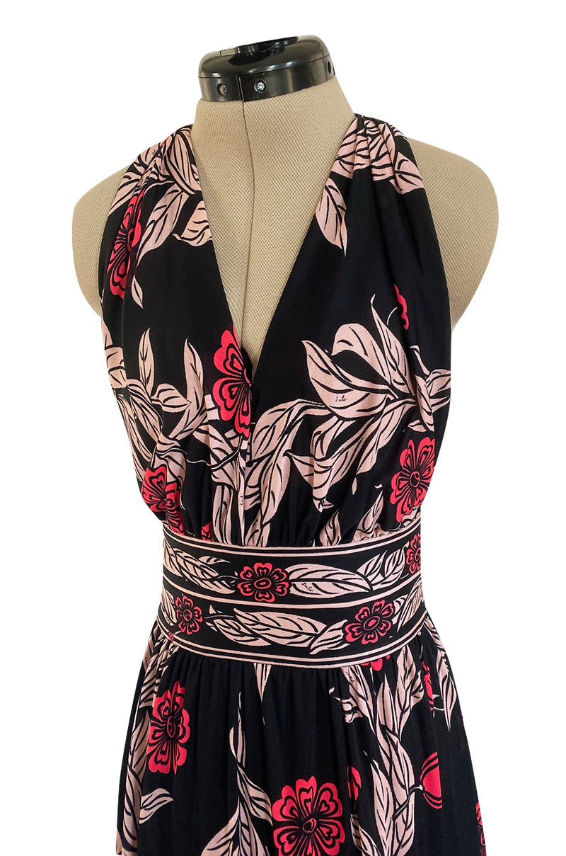 1960s Emilio Pucci Pink & Black Floral Printed Silk Jersey Halter Dres Shrimpton Couture 1960s Emilio Pucci Pink & Black Floral Printed Silk Jersey Halter Dres Shrimpton Couture
