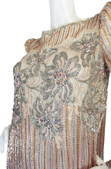 1980s Fernando Pena Gold & Pink Bead Sequin & Net Dress