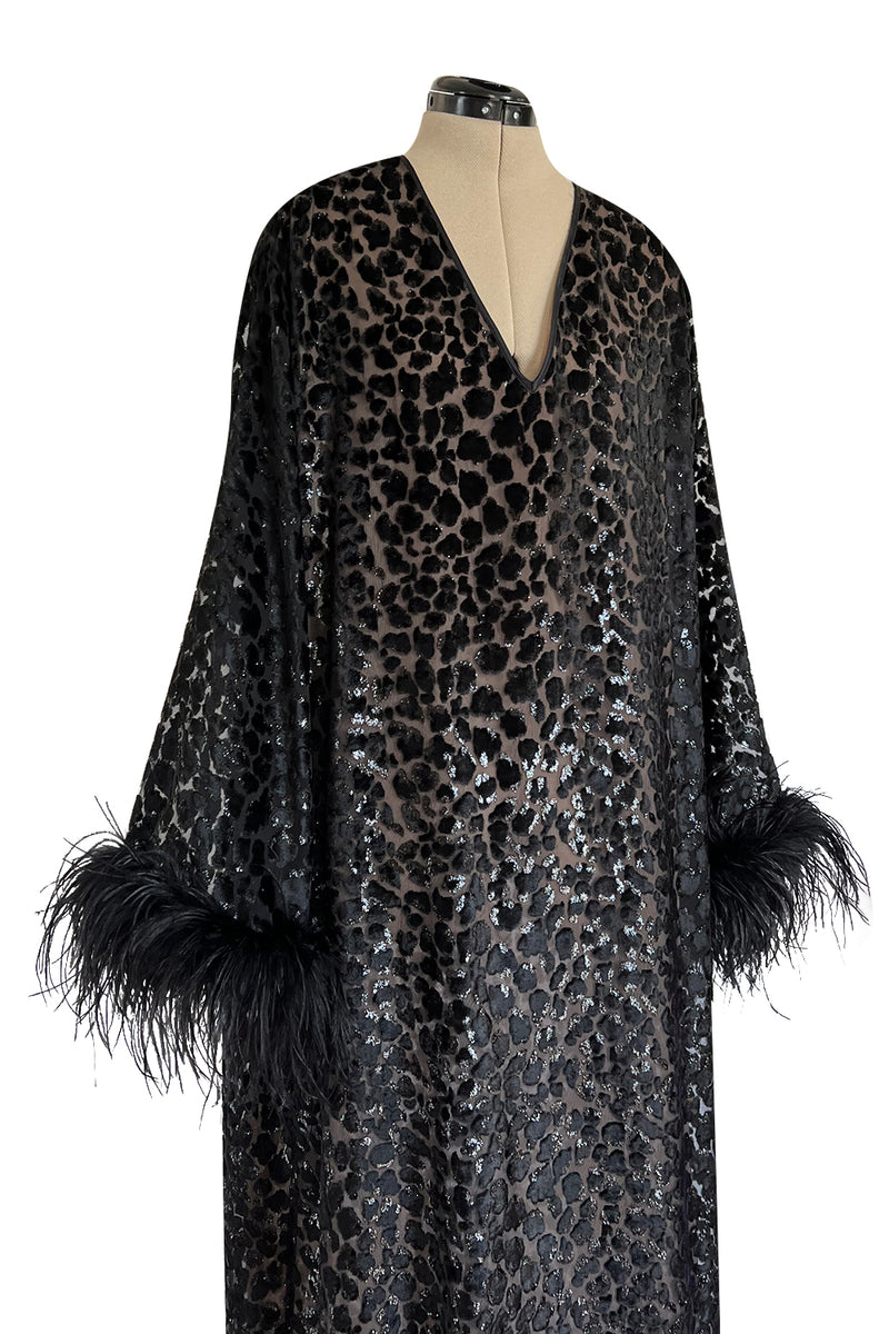 Gorgeous 1990s Valentino Intimo Black Metallic Voided Velvet Feather Cuff Caftan Dress