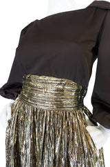 1970s Travilla Puffed Sleeve Silk & Gold Lame Gown