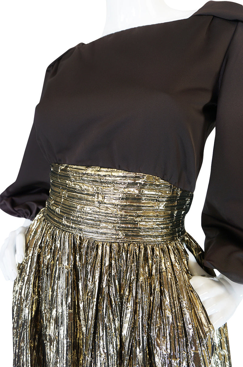 1970s Travilla Puffed Sleeve Silk & Gold Lame Gown