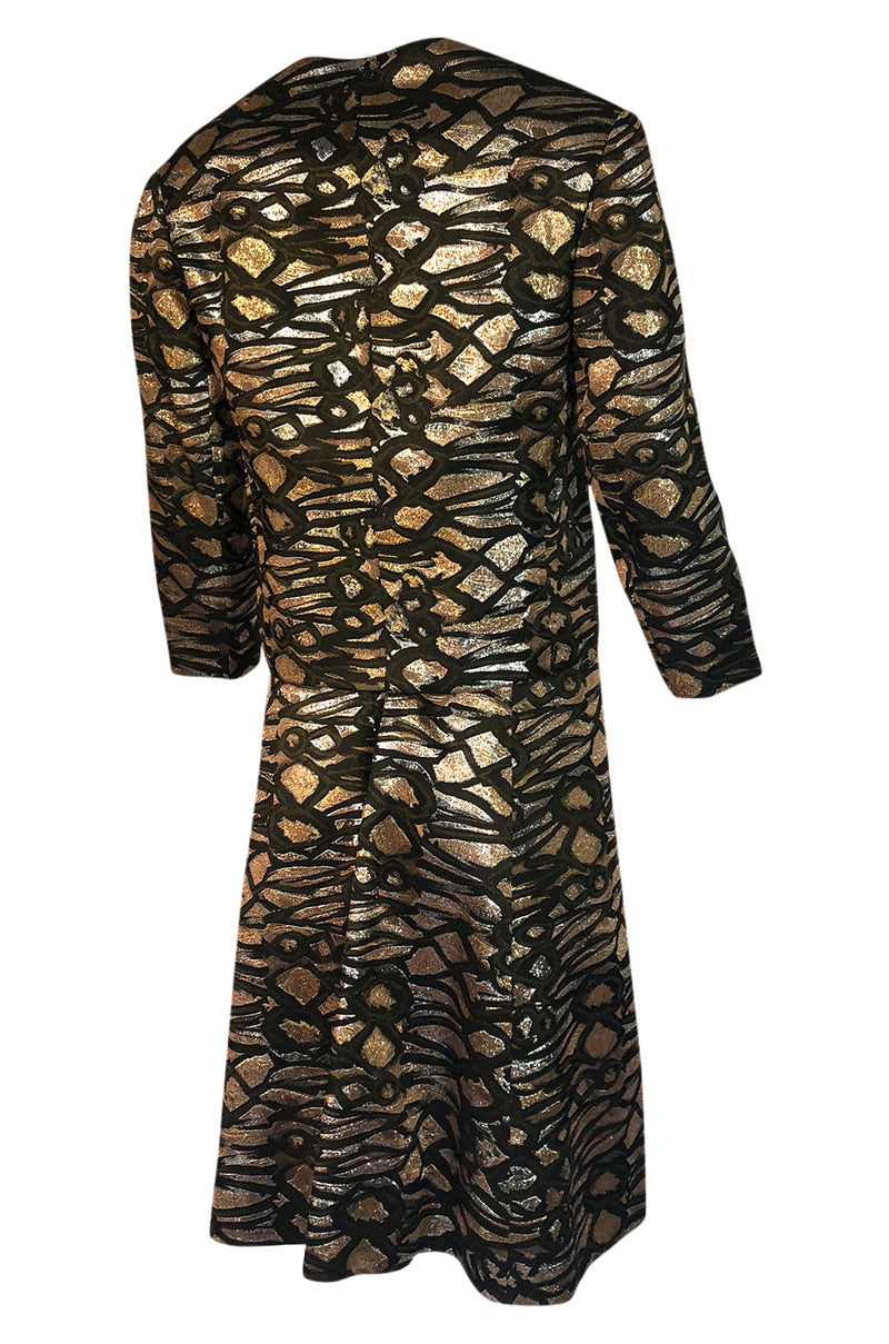 1960s Nina Ricci Metallic Gold Silver Silk Brocade Dress & Jacket Suit Set