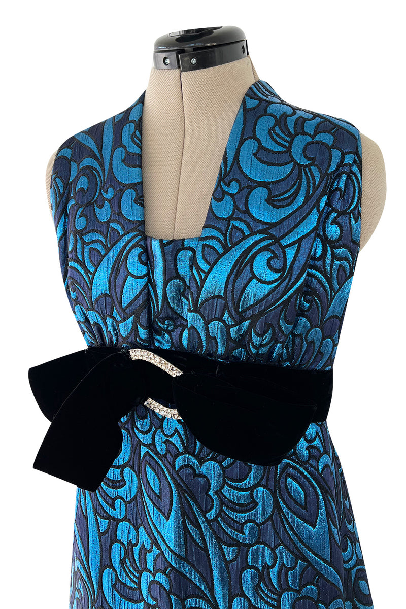 Late 1960s Lanvin by Jules-Francois Crahay Blue Metallic Silk Dress w Bow Detailing