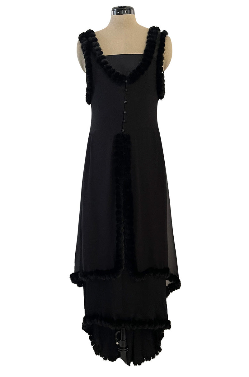 Gorgeous Fall 2003 Chanel by Karl Lagerfeld Black Silk Chiffon Dress Set w Fur Trim