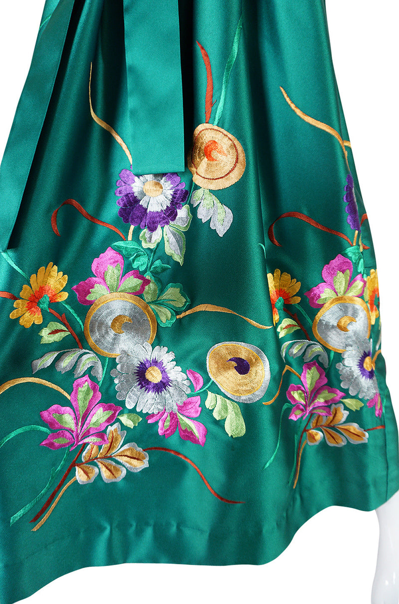 1960s Teal Traina Emerald Green Embroidered Silk Dress