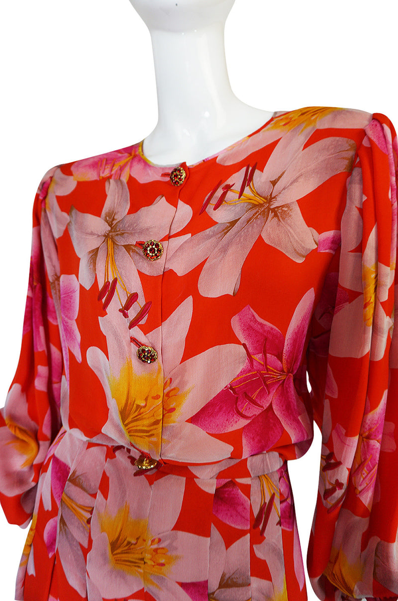 1980s Galanos Brilliant Floral Silk Chiffon Pant & Jacket Set