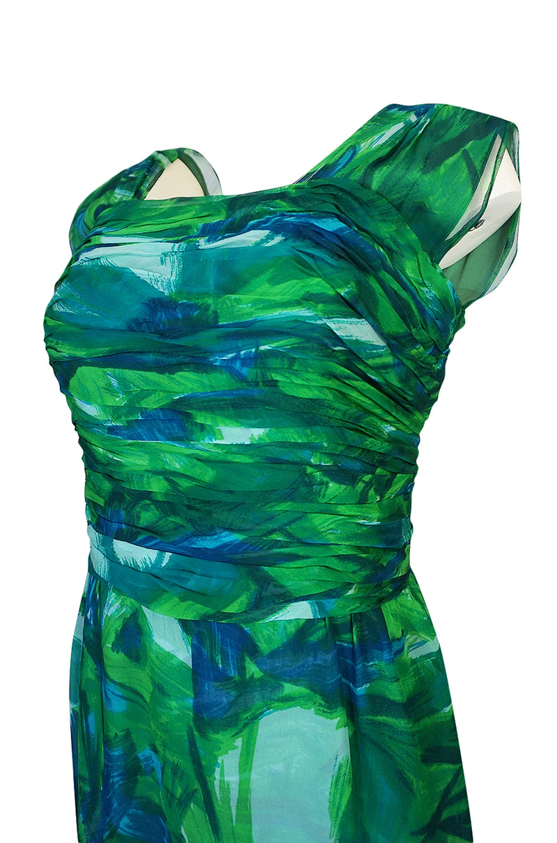 1950s Lord & Taylor Silk Chiffon Green Print Hawaiian Dress
